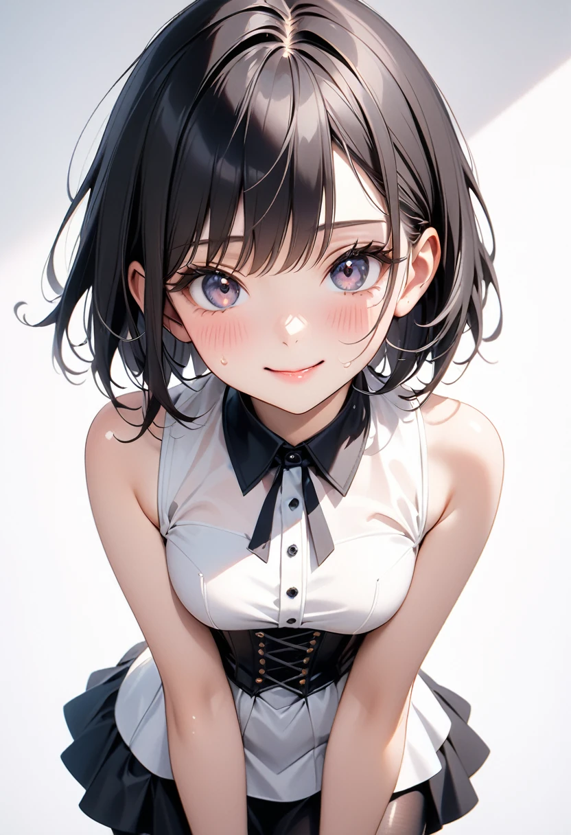 side view,looking ahead,from above,upper body,open mouth,tongue out,cum on tongue,lick,(1girl,Beautiful 16 year old girl),((Slender,Small breasts,Baby Face,Small face,)),looking at viewer,Black Hair,bangs,two side up,Gray Eyes,Drooping eyes,slit pupils,narrow eyes,collarbone,White sweater mini dress,bare shoulder,Beautiful and detailed anime art,Mischievous smile,Dimly lit room,Simple Background,Gray background,Low lighting