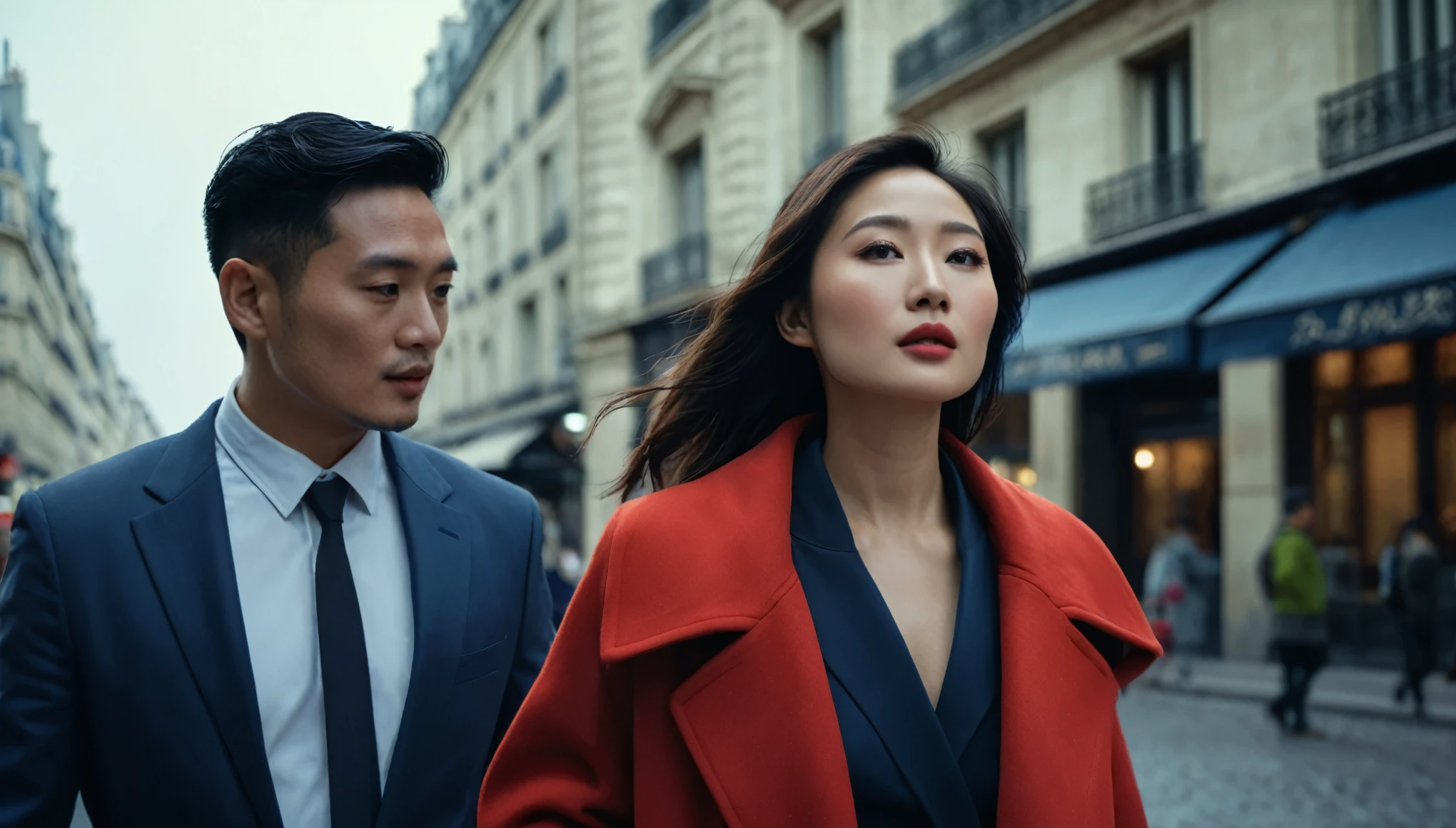 a beautiful asian woman and man walking in Paris foco no rosto, detailed facial features, elegant pose, cinematic lighting, moody atmosphere, vibrant colors, photorealistic, (best quality,8k,highres,masterpiece:1.2),ultra-detailed,(realistic,photorealistic,photo-realistic:1.37),cinematic l pavement,skyscrapers in background,moody atmosphere,cinematic framing