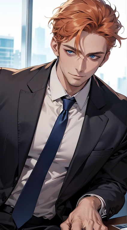 (best quality,4k,8k,highres,masterpiece:1.2),ultra-detailed,(realistic,photorealistic,photo-realistic:1.37),1 man,31 years old,mature man,very handsome,without expression,smile,short grey b
Orange hair,blue eyes,penetrating gaze,perfect face without errors,imposing posture,businessman,office background,cinematic lighting,hdr image
