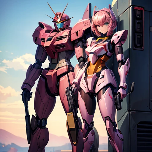 Robot with a gun and a picture of a gun, Streamlined pink armor, modern Mecha anime, cool Mecha style, female Mecha, gundam armor, Mobile Suit, Anime Mecha Armor, # Mecha, Jamming Mecha, Eva Unit 0 in the back, anime manga robot!! Anime Girls, an anime large Mecha robot, gundam style