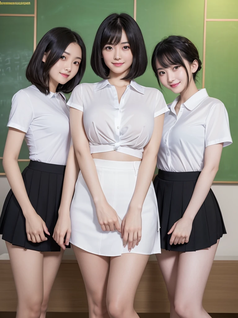 Highest quality、masterpiece、8k、Very detailed、Realistic、Three girls are photographed together、Looking at me with a smile、Black Hair、Short Hair、Small face、Slender、Big Breasts、Thin and beautiful legs、narrow and constricted waist,、(Open center tight shirt:1.5)、Tight Skirt、Dressed like a female teacher、(Erect nipples:1.2)