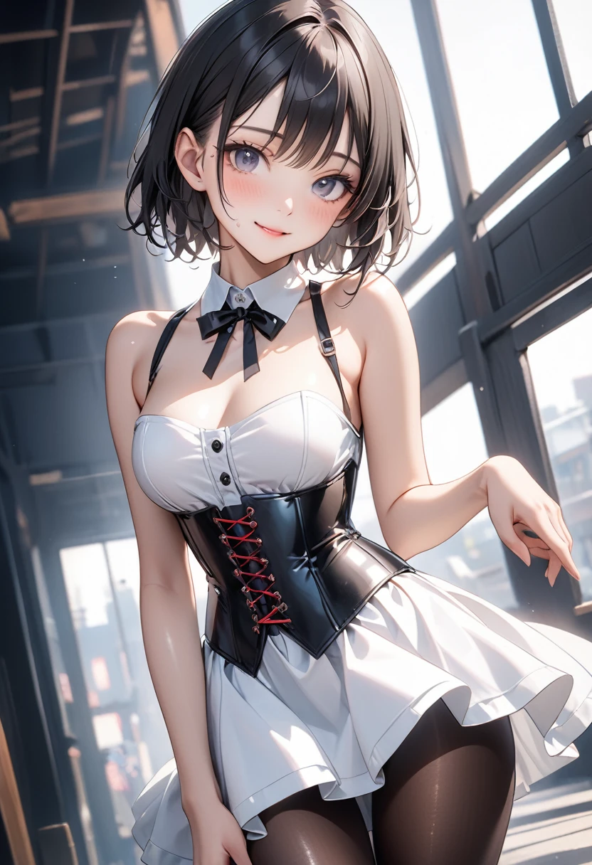 (((Wearing an elegant, shiny gothic White dress, corset and skirt, pantyhose))), skinny, solo, 1 woman, Masterpiece, highest quality, highest quality, 16K, incredibly absurd, highly detailed, 2.5D, ai-generated, delicate and dynamic, very delicate facial expressions, delicate eye depiction, erotic, only sexy woman, ((A cute and kind face)), healthy figure, ((25-year-old woman)), 160cm tall, medium firm swaying bust,, blush, Sweat,Embarrassed,sexy, ((thin thighs)), (Erect nipples,:0.5), shiny and lustrous, facing straight at viewer, smile, ((Oily_skin)), ((dutch angle)), ((erotic pose)), Fashion Model poses, Fashion Model style, (Close-up),