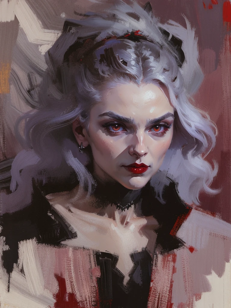 full - length portrait，Vampire woman wearing gothic style clothes，Sexy and charming，long  white hair，Eyes red，blood in the corners of the mouth，small leather bootilluminated wild area，Surrealism，painting-like，inking，acrylic painting-like，work of art，Gothic thriller style，gothic castle，best qualityer，high resolution，very well，Delicate Eyes，detalhes faciais，hair details，precise，Clear focus on eyes in close-up