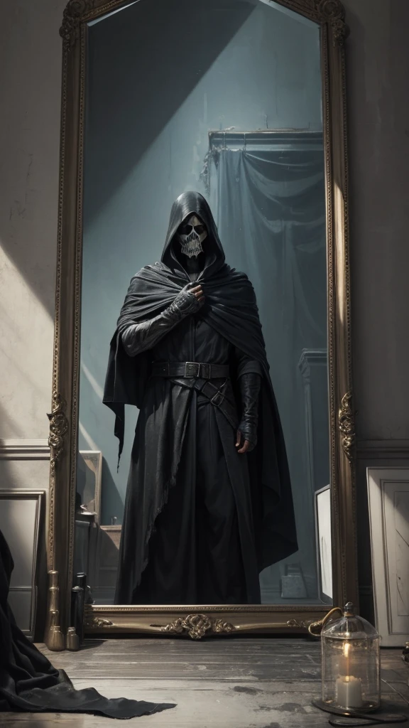 Oil painting, cold tones and cold colors, a giant mirror, reaper climbed out of the mirror, His face is in rags, Fire in the mirror, crowds of small people