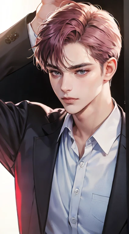 a mature, charming young man, 36 years old, with dark grey eyes, short right-swept dark pink hair, thick eyebrows, wearing a suit, in a quiet, smile in love expression, gazing at the audience, against a plain background with cinematic lighting, (best quality, 4k, 8k, highres, masterpiece:1.2), ultra-detailed, (realistic, photorealistic, photo-realistic:1.37), detective
