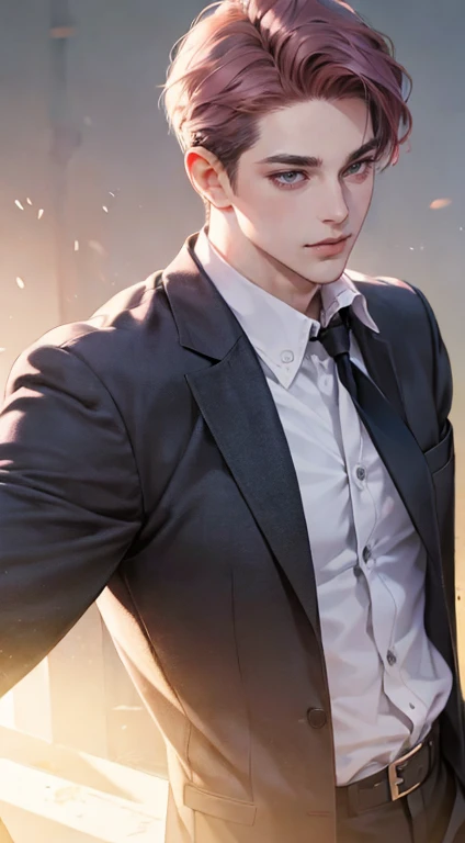 a mature, charming young man, 36 years old, with dark grey eyes, short right-swept dark pink hair, thick eyebrows, wearing a suit, in a quiet, smile in love expression, gazing at the audience, against a plain background with cinematic lighting, (best quality, 4k, 8k, highres, masterpiece:1.2), ultra-detailed, (realistic, photorealistic, photo-realistic:1.37), detective