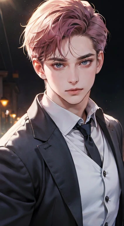 a mature, charming young man, 36 years old, with dark grey eyes, short right-swept dark pink hair, thick eyebrows, wearing a suit, in a quiet, smile in love expression, gazing at the audience, against a plain background with cinematic lighting, (best quality, 4k, 8k, highres, masterpiece:1.2), ultra-detailed, (realistic, photorealistic, photo-realistic:1.37), detective