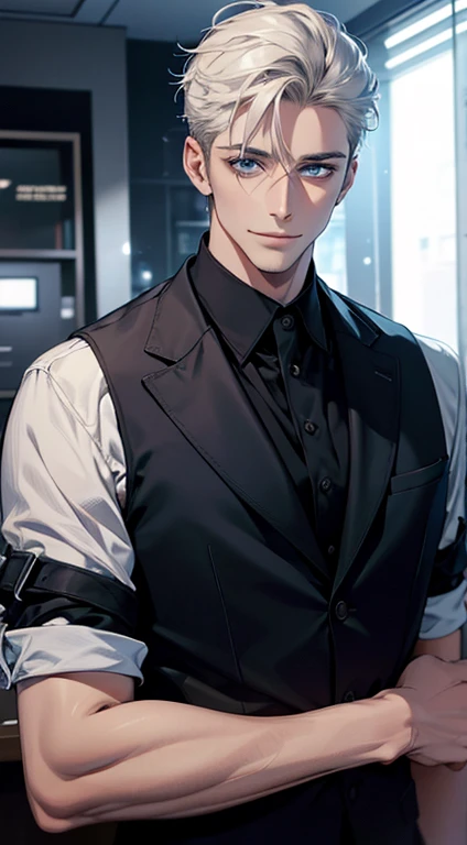 (best quality,4k,8k,highres,masterpiece:1.2),ultra-detailed,(realistic,photorealistic,photo-realistic:1.37),1 man,31 years old,mature man,very handsome,without expression,smile,short white hair,blue eyes,penetrating gaze,perfect face without errors,imposing posture,businessman,office background,cinematic lighting,hdr image