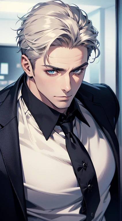 (best quality,4k,8k,highres,masterpiece:1.2),ultra-detailed,(realistic,photorealistic,photo-realistic:1.37),1 man,31 years old,mature man,very handsome,without expression,smile,short white hair,blue eyes,penetrating gaze,perfect face without errors,imposing posture,businessman,office background,cinematic lighting,hdr image