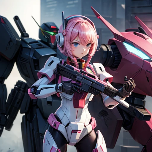 Robot with a gun and a picture of a gun, Streamlined pink armor, modern Mecha anime, cool Mecha style, female Mecha, gundam armor, Mobile Suit, Anime Mecha Armor, # Mecha, Jamming Mecha, Eva Unit 0 in the back, anime manga robot!! Anime Girls, an anime large Mecha robot, gundam style　Has been modified