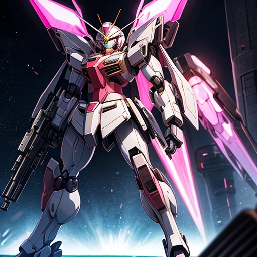 Robot with a gun and a picture of a gun, Streamlined pink armor, modern Mecha anime, cool Mecha style, female Mecha, gundam armor, Mobile Suit, Anime Mecha Armor, # Mecha, Jamming Mecha, Eva Unit 0 in the back, anime manga robot!! Anime Girls, an anime large Mecha robot, gundam style Has been modified