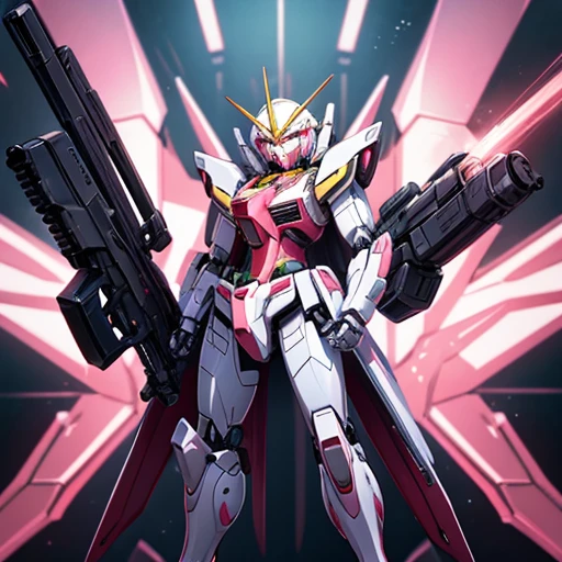 Robot with a gun and a picture of a gun, Streamlined pink armor, modern Mecha anime, cool Mecha style, female Mecha, gundam armor, Mobile Suit, Anime Mecha Armor, # Mecha, Jamming Mecha, Eva Unit 0 in the back, anime manga robot!! Anime Girls, an anime large Mecha robot, gundam style Has been modified