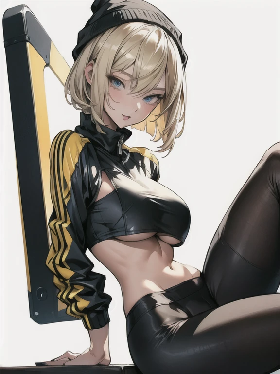 (masterpiece, best quality), 1lady, milf
(short Track jacket), low leggings, cropped top, (underboob:1.15), beanie, High Sneakers
blonde bob cut, big breasts
in studio, white background, hands in pocket, (from front:1.2), looking at viewer, sit