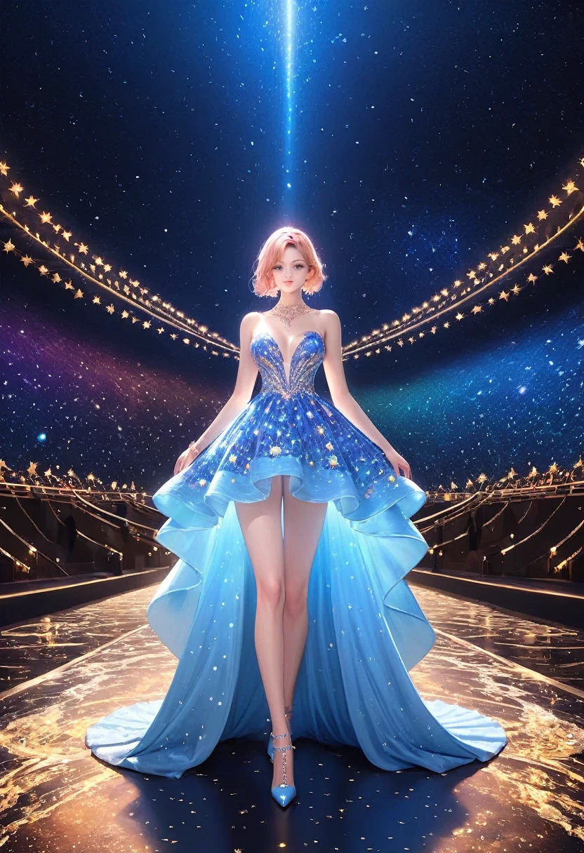 a glamour picture shot, of an elite model covered in stars, walking on a (dark catwalk: 1.2), an extraordinary glamourous elite female model, ((full body: 1.5)),  ((anatomically correct: 1.5), (ultra detailed face: 1.2), best detailed face, yrllow hair, long hair, lush hair, glam hair cut, blue eyes, delicate face, light make up, wearing intricate detailed dress, glamour dress, haute couture dress, elite fashion dress, black as night dress, decorated with bright stars, starlight,  small cleavage, wearing high heels, elegant high heels, she wears diamond necklace, she is glows in a soft starry light, she walks on (asteroid catwalk: 1.2), elite fashion show background, vibrant, Hyperrealism style, vibrant, Ultra-high resolution, High Contrast, (masterpiece:1.5), highest quality, Best aesthetics), best details, best quality, highres, ultra wide angle, 16k, [ultra detailed], masterpiece, best quality, (extremely detailed) RAW, chumbasket art style, magical sky, star