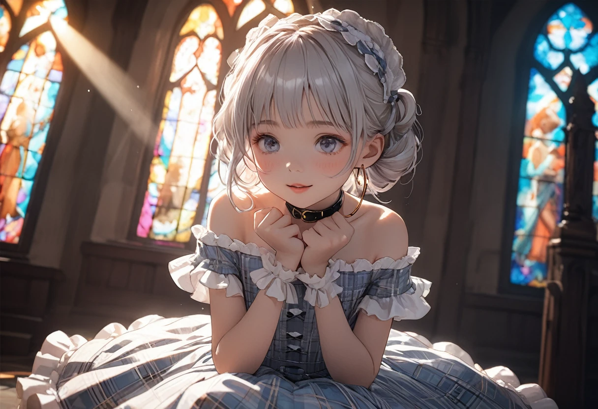 ((Masterpiece)), ((best quality)), ((kawaii)), ((extremely detailed)), (sketch:0.3), (RAW photo:1.2), (8K), (High Definition:1.3), (Professional Photography:1.2), cinematic lighting, (very aesthetic:1.2), (absurdres:1.2), (sharp focus), (perfect light), ((12 years old)), cute teenage girl, Plaid dress, (Off-Shoulder dress), hoop dress, strapless, (lolita fashion), (healthy skin), pale silver hair, ((cover cheeks with both hands)), exposed bare shoulder and arms, lolita style, ((looking at another)), ((avert eyes)), naughty smile, blush, open mouth, pretty, lolita makeup, Wearing loose pet collar, ((against the stained glass background)), ribbon belt, beautiful stained glass,