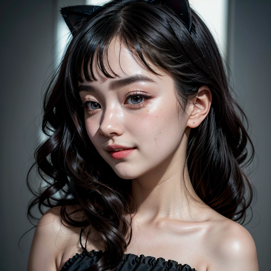 ((best qualityer)), ((work of art)), (detailded),cute japanese,((1 girl,alone)),18 years old, ((porcelain cut white skin)),((black eyes)),(black long wavy hair,with bangs),((flushed skin)),,(Alone),(best quality: 1.4), (photorealistic: 1.4), 8k Absurd, ultra detailed, cinematic lighting, Detailed Beautiful Face,semi-blurred background, loose wavy hair, dress, black cat ears, looking forward, happy smile, ((profile photo)),teeth showing.