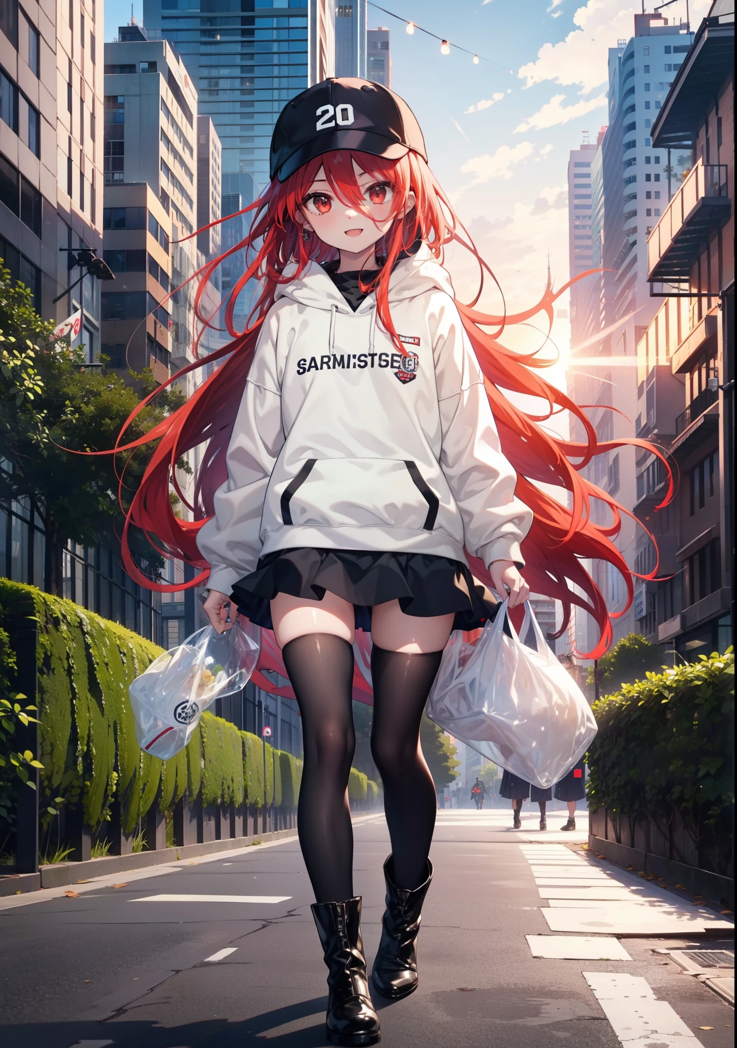 Shana,灼眼のShana,Long Hair, Redhead, Red eyes,happy smile, smile, Open your mouth,Oversized red hoodie,Baseball hats,mini skirt,black tights,short boots,Walking,morning陽,morning,The sun is rising,whole bodyがイラストに入るように, 　　　　　　　break outdoors, Building district, 　　　　　　　　　　　break looking at viewer, whole body, 　　　　　　　　break (masterpiece:1.2), Highest quality, High resolution, unity 8k wallpaper, (shape:0.8), (Beautiful attention to detail:1.6), Highly detailed face, Perfect lighting, Highly detailed CG, (Perfect hands, Perfect Anatomy),