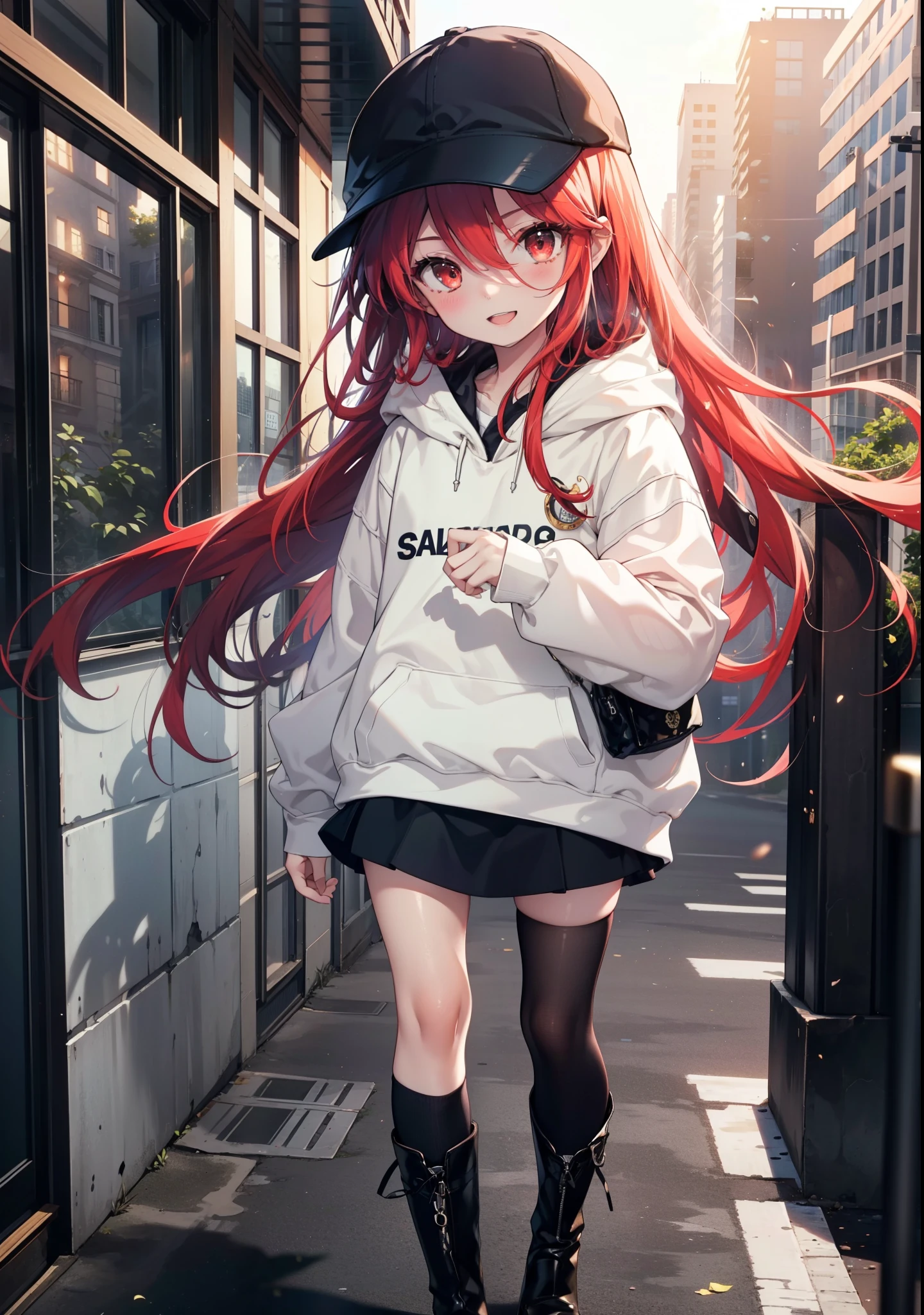 Shana,灼眼のShana,Long Hair, Redhead, Red eyes,happy smile, smile, Open your mouth,Oversized red hoodie,Baseball hats,mini skirt,black tights,short boots,Walking,morning陽,morning,The sun is rising,whole bodyがイラストに入るように, 　　　　　　　break outdoors, Building district, 　　　　　　　　　　　break looking at viewer, whole body, 　　　　　　　　break (masterpiece:1.2), Highest quality, High resolution, unity 8k wallpaper, (shape:0.8), (Beautiful attention to detail:1.6), Highly detailed face, Perfect lighting, Highly detailed CG, (Perfect hands, Perfect Anatomy),