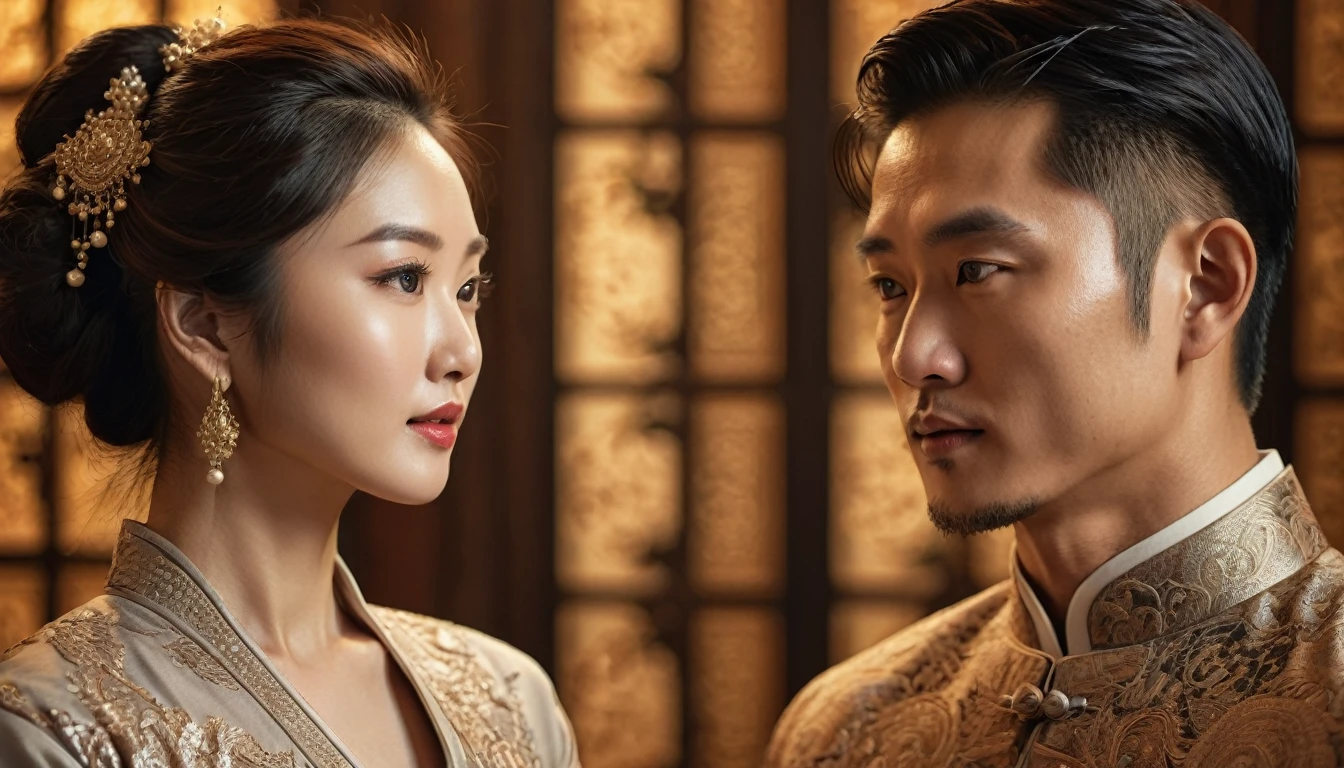 a beautiful asian man and woman looking at each other, intricate details, highly detailed facial features, beautiful eyes, elegant expression, high quality, photorealistic, 8k, award winning art, warm lighting, natural tones, cinematic composition