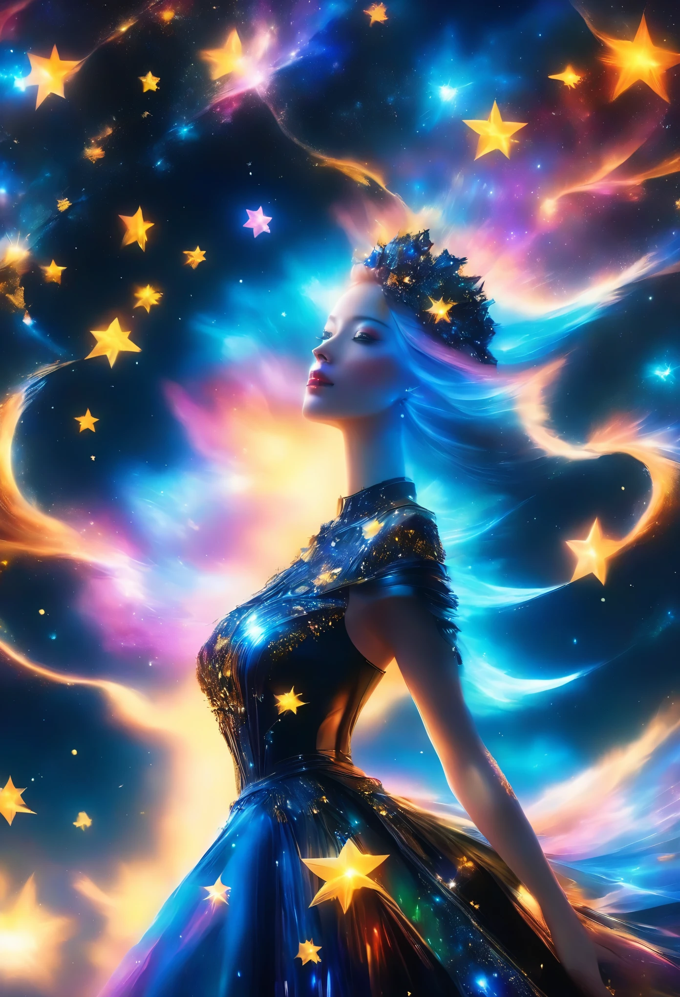 a glamour picture shot, of an elite model covered in stars, walking on a (dark catwalk: 1.2), an extraordinary glamourous elite female model, ((full body: 1.5)),  ((anatomically correct: 1.5), (ultra detailed face: 1.2), best detailed face, yrllow hair, long hair, lush hair, glam hair cut, blue eyes, delicate face, light make up, wearing intricate detailed dress, glamour dress, haute couture dress, elite fashion dress, black as night dress, decorated with bright stars, starlight,  small cleavage, wearing high heels, elegant high heels, she wears diamond necklace, she is glows in a soft starry light, she walks on (asteroid catwalk: 1.2), elite fashion show background, vibrant, Hyperrealism style, vibrant, Ultra-high resolution, High Contrast, (masterpiece:1.5), highest quality, Best aesthetics), best details, best quality, highres, ultra wide angle, 16k, [ultra detailed], masterpiece, best quality, (extremely detailed) RAW, chumbasket art style, magical sky, star