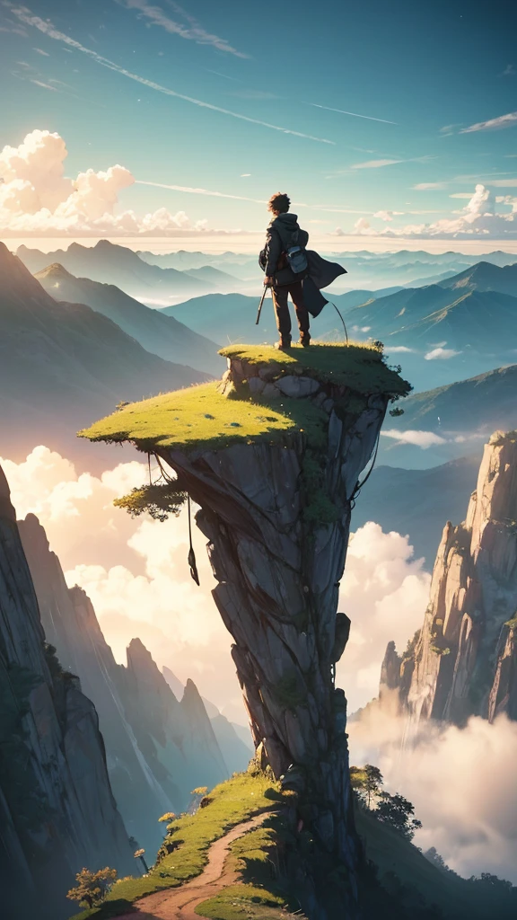 A contemplative teenage boy is perched comfortably on a majestic mountain peak, nestled under the embrace of a giant tree. Its dense canopy, lush emerald leaves, is a stark contrast to the dramatic sky above. Thick, brooding clouds, containing unspoken secrets, dominate the sky, their bold shapes casting intricate patterns of light and shadow across the rugged landscape. The boy looked up, his eyes fixed on the vast expanse where the horizon met the sky. The posture is relaxed. Mountain ranges, with a stunning backdrop, stretch out in all directions, their peaks and valleys a silent testament to nature's majesty. The bright colors of the surrounding flora, frame the solitary figure of the boy, The atmosphere is one of serene stillness, a moment frozen in time, This image exudes a sense of serenity, a visual symphony of the power of nature and the immense impact it has on the human spirit, 4K. wide angle shot, cool toned color grading, lens flare, long exposure,, (cartoon- bold line work style: 1.2), bright colors, cel shading