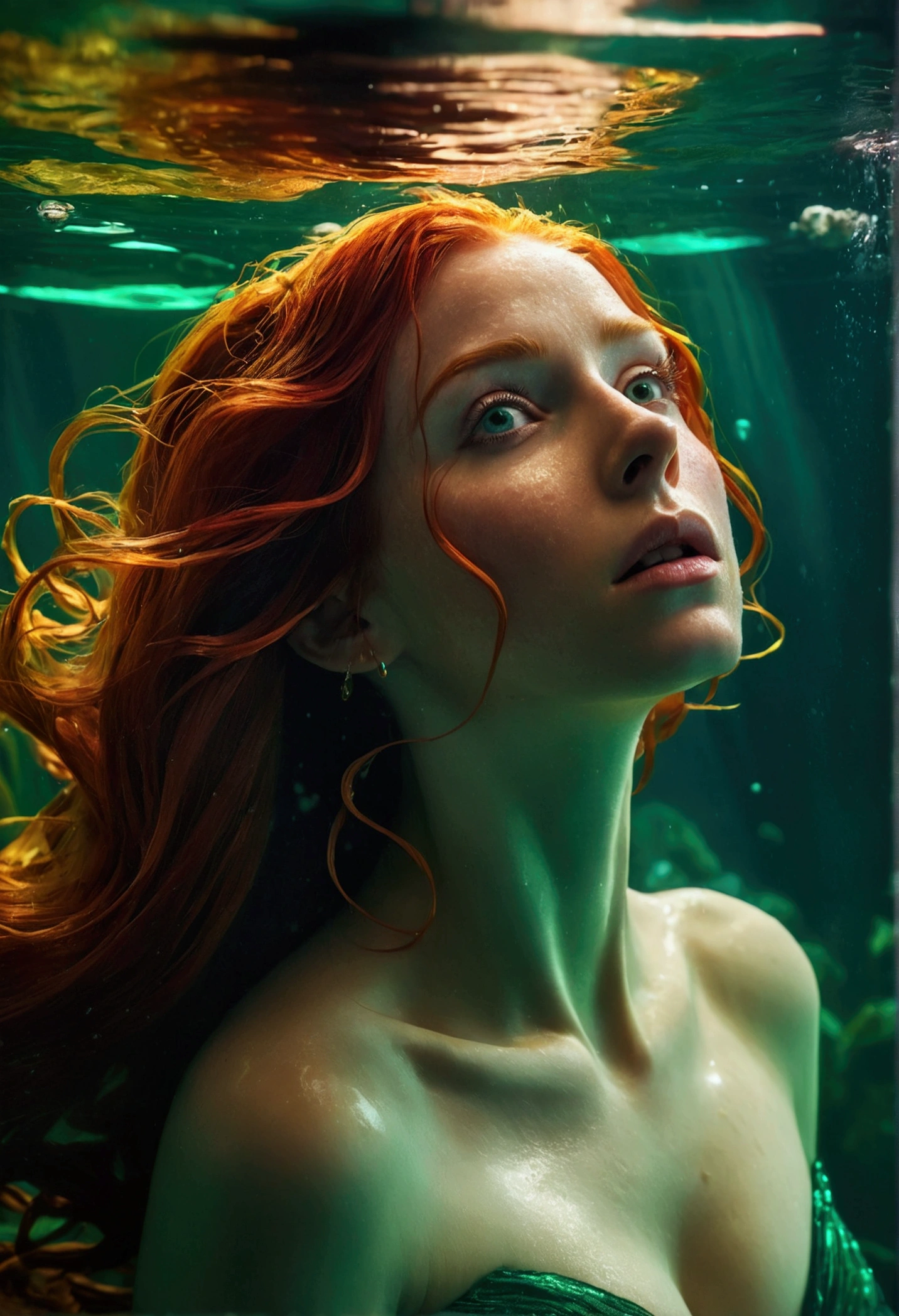 a beautiful woman underwater, her flowing red hair floating in the current, her eyes a striking emerald green, tears of gold streaming down her face, highly detailed, hyper realistic, 8k, photorealistic, cinematic lighting, dramatic composition, moody atmosphere, vibrant colors, masterpiece