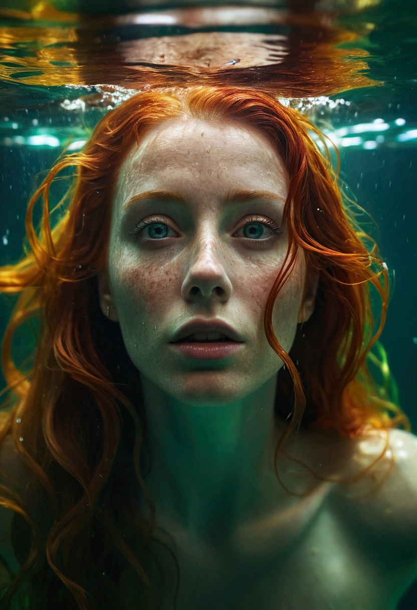 a beautiful woman underwater, her flowing red hair floating in the current, her eyes a striking emerald green, tears of gold streaming down her face, highly detailed, hyper realistic, 8k, photorealistic, cinematic lighting, dramatic composition, moody atmosphere, vibrant colors, masterpiece