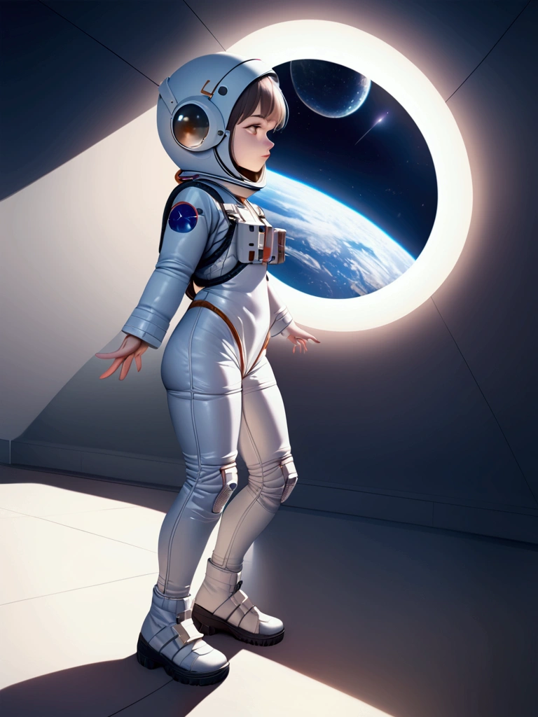 ((masterpiece)),((Highest quality)),((High resolution)),((Anatomical)),((Realistic)),((Detailed Description)), ((Full body view)), ((Perfect lighting)),8K)), (((1 SPACE GIRL, CUTE ANIME GIRL. )))) ASTRONAUT SUIT, BACKGROUND SPACE GALAXY. SIDE VIEW.
