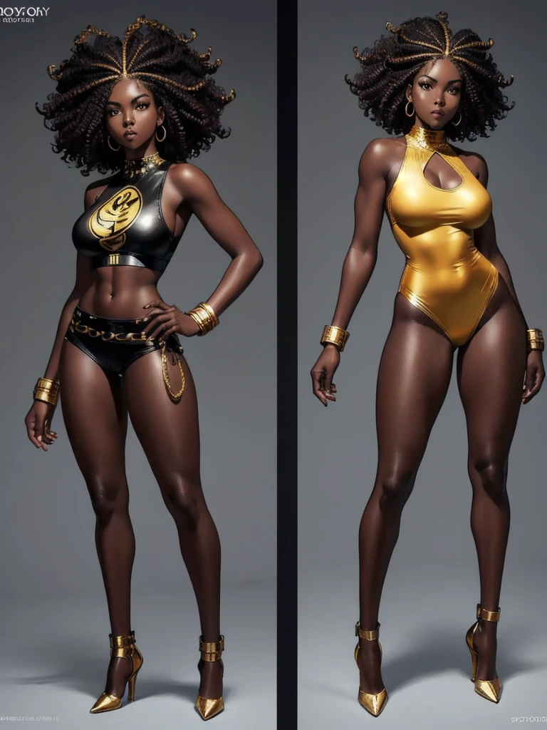 ((best quality)), ((4k)), ((highres)), ((masterpiece:1.2)). ((detailed)), ((ultra realistic)), ((character design sheet)), full body picture of a beautifull Ebony skinned female, black woman, dark skin, ebony princess, perfect face, detailed eyes, detailed lips, 25 years old, long thin dreadlocks down to her hips, ((emphasis on her long thin dreadlocks down to her hips)), pretty, feminine woman, toned body but not too muscular looking, dressed in a skin-tight sleeveless full body orange jumpsuit, ((emphasis on the skin-tight sleeveless full body orange jumpsuit)), showing cleavage, glamorous, strappy lace up high heels