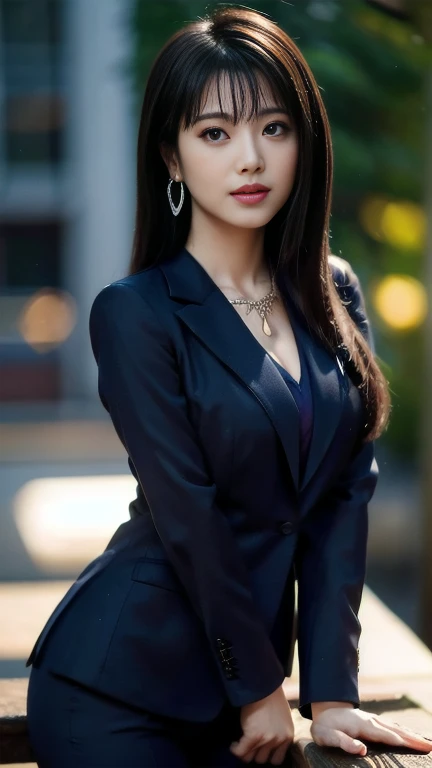 High resolution, Highly detailed photos, Ultra-realistic, Professional Lighting, Detailed bust, 8k wallpaper, Tabletop, Highest quality, One Girl, Straight Hair, Look at the viewers, business suit, Dark blue suit, shirt, Earrings, necklace, pantyhose, Shapely bust, Bokeh Depth of Field, Put your arms down, Breasts pressed together