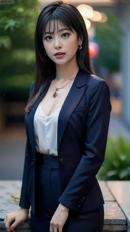 High resolution, Highly detailed photos, Ultra-realistic, Professional Lighting, Detailed bust, 8k wallpaper, Tabletop, Highest quality, One Girl, Straight Hair, Look at the viewers, business suit, Dark blue suit, shirt, Earrings, necklace, pantyhose, Shapely bust, Bokeh Depth of Field, Put your arms down, Breasts pressed together