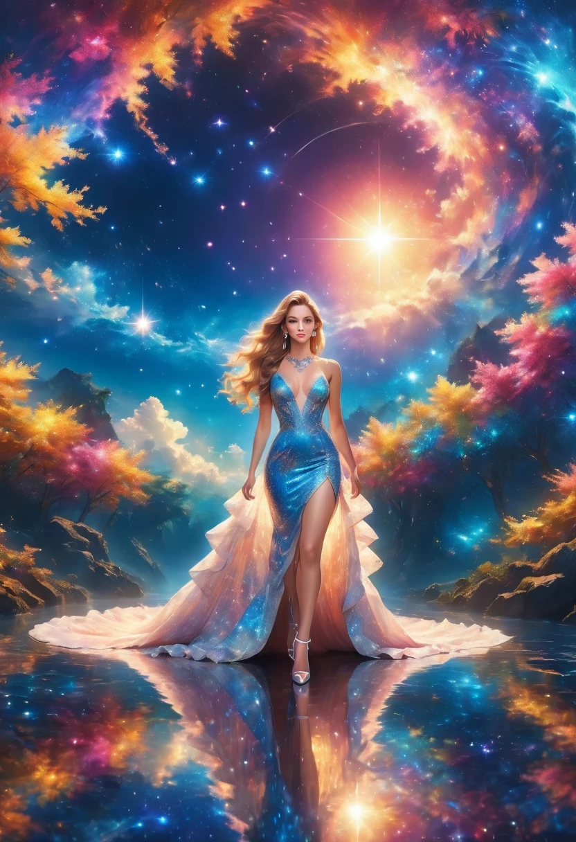 a glamour picture shot, of an elite model covered in stars, walking on a (dark catwalk: 1.2), an extraordinary glamourous elite female model, ((full body: 1.5)),  ((anatomically correct: 1.5), (ultra detailed face: 1.2), best detailed face, yrllow hair, long hair, lush hair, glam hair cut, blue eyes, delicate face, light make up, wearing intricate detailed dress, glamour dress, haute couture dress, elite fashion dress, black as night dress, decorated with bright stars, starlight,  small cleavage, wearing high heels, elegant high heels, she wears diamond necklace, she is glows in a soft starry light, she walks on (asteroid catwalk: 1.2), elite fashion show background, vibrant, Hyperrealism style, vibrant, Ultra-high resolution, High Contrast, (masterpiece:1.5), highest quality, Best aesthetics), best details, best quality, highres, ultra wide angle, 16k, [ultra detailed], masterpiece, best quality, (extremely detailed) RAW, chumbasket art style, magical sky, star