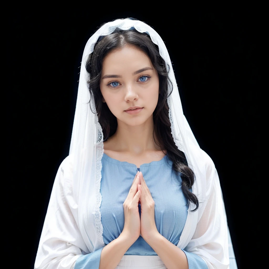 Beautiful woman with light blue eyes, curly black hair, wearing a blue tunic with wide, long sleeves adjusted at the waist by a white sash. Wear a thick white veil.