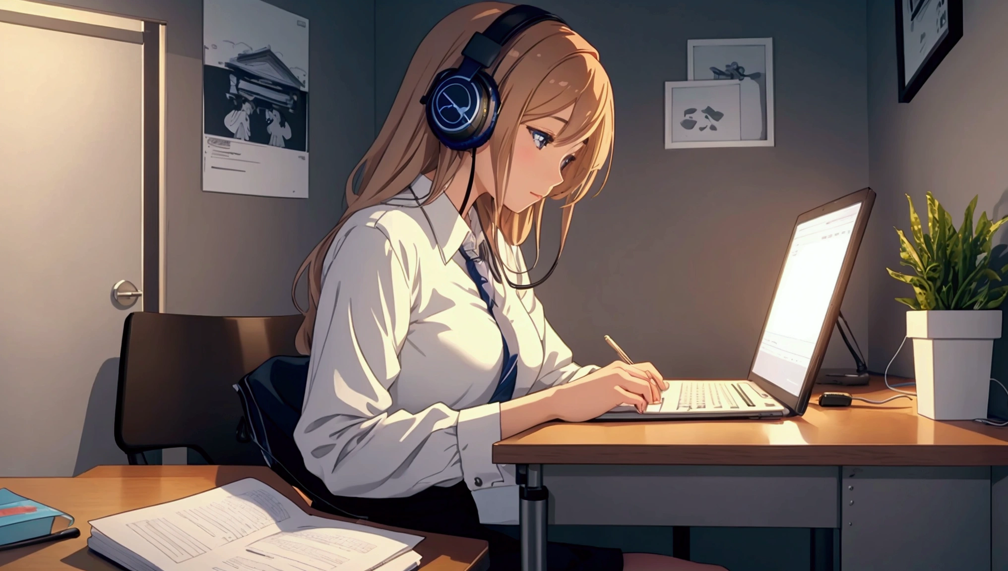 a woman sitting at a desk with headphones typing, cute girl, studying in the bedroom, 8K anime art wallpaper