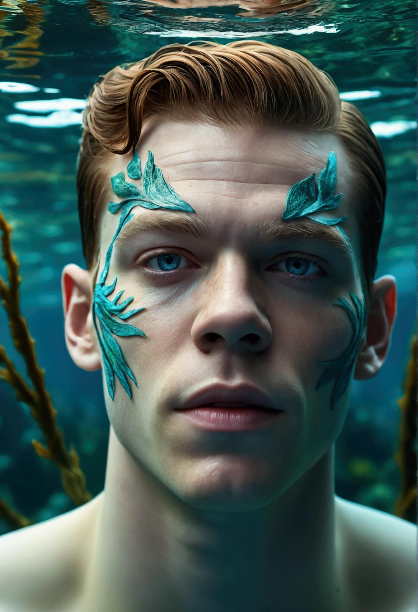 intricate male portrait,1male with beautiful eyes,aqua blue skin tone,detailed facial features and expressions of Cameron Monaghan,swimming underwater,ocean kelp forest background,photorealistic,dramatic lighting,cinematic composition,fantasy art style,highly detailed,masterpiece,vibrant colors,(best quality,8k,hyperrealistic,extremely detailed:1.2)