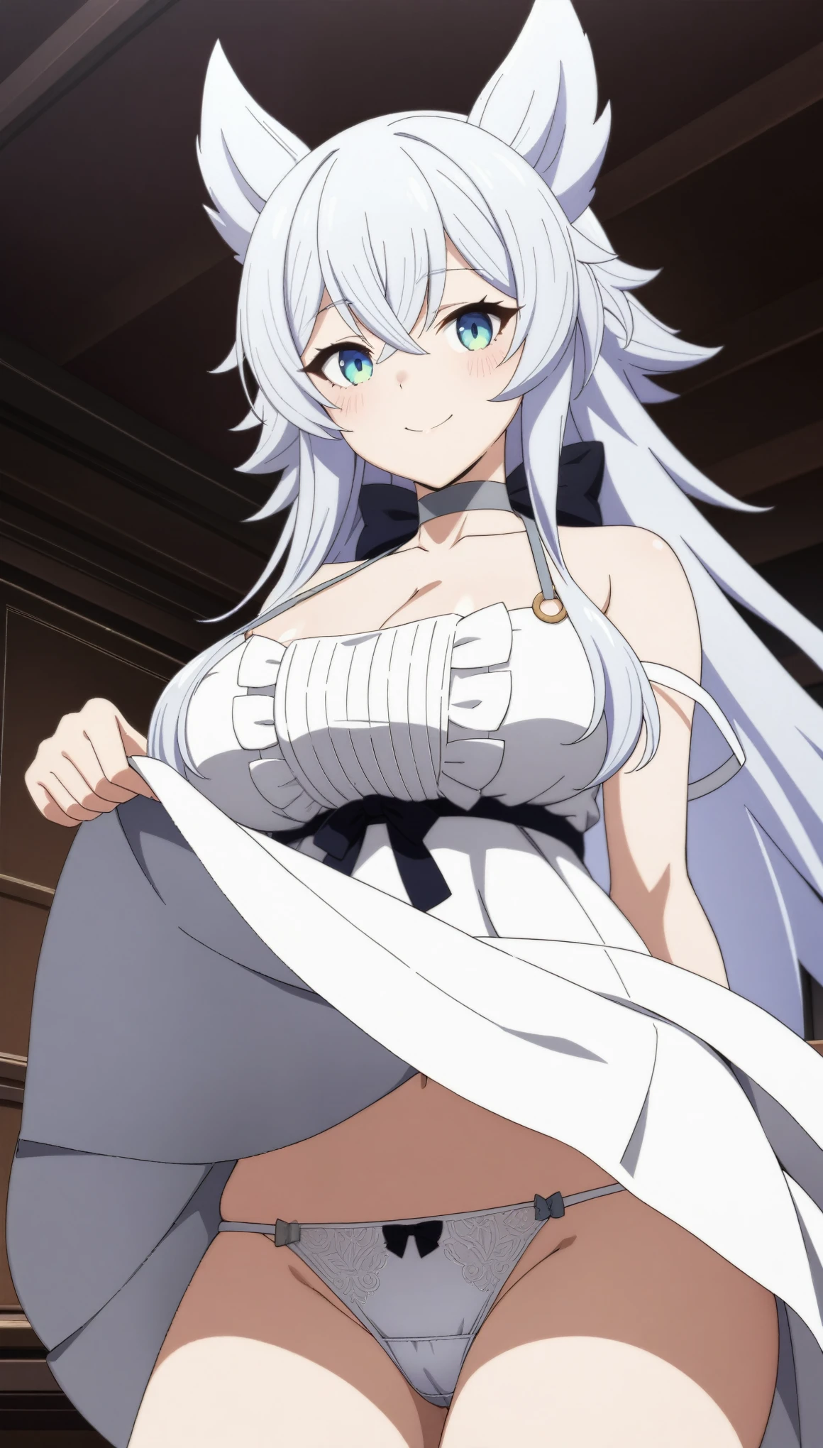 (masterpiece, best quality, very aesthetic, ultra detailed), intricate details, 1girl, fenrys, wolf girl, longhair, large breasts, choker, collarbone, white dress, cleavage, bare shoulders, indoors, smile, looking at viewer, skirt lift, panties, from below, upskirt panties
