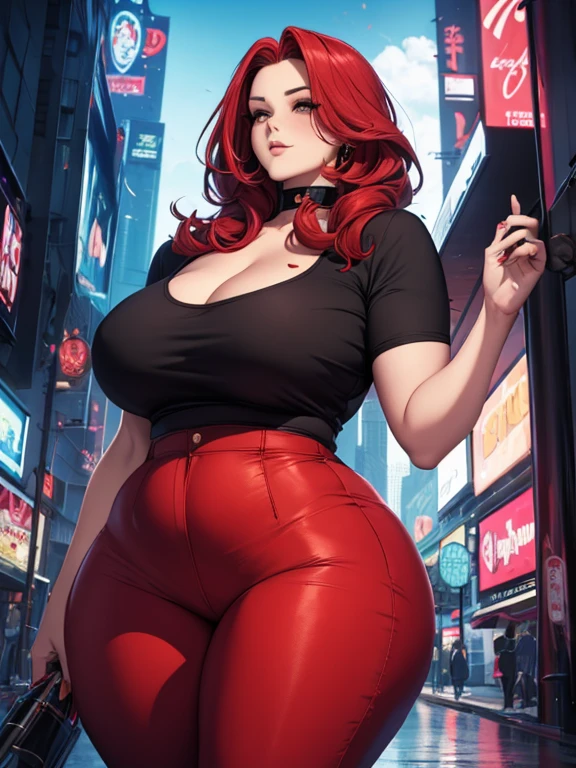 a woman with red hair wearing a black top and plaid pants, cyberpunk art, gothic art, aesthetic cute with flutter, toon aesthetic, wearing red attire, wearing gothic accessories, ((curvy body)), Jessica rabbit, cute face, young