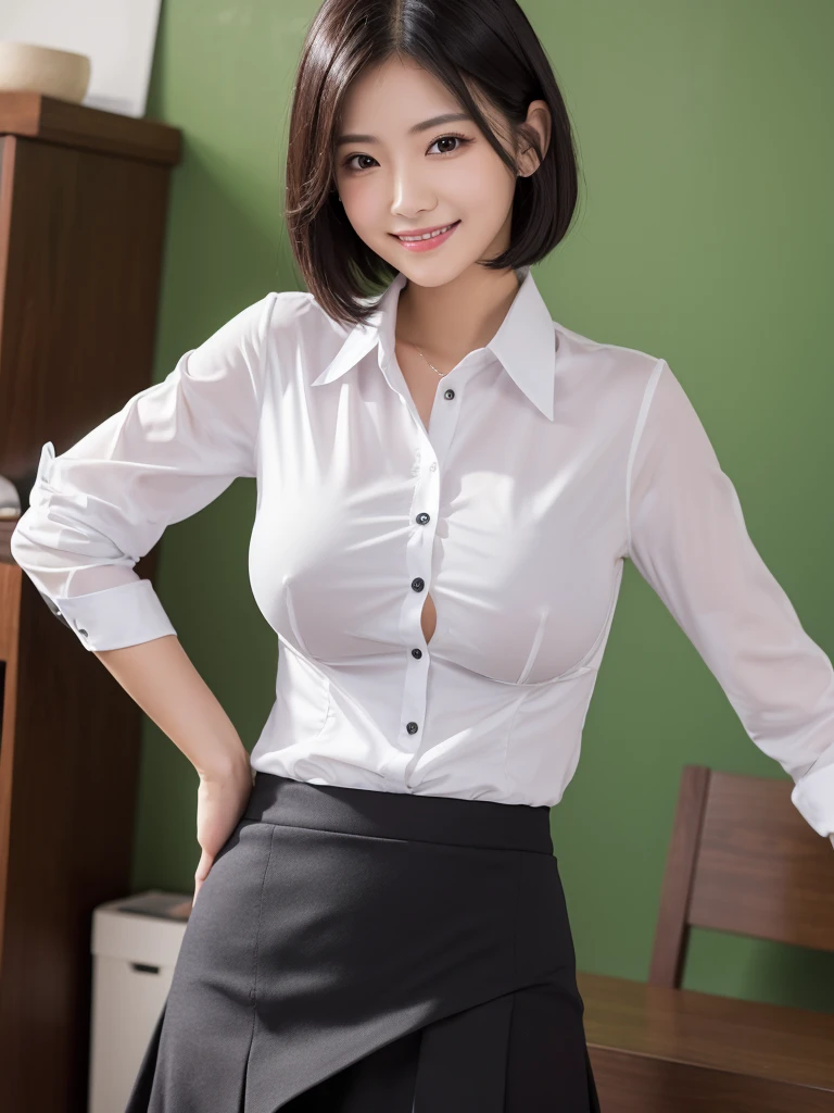 Highest quality、masterpiece、8k、Very detailed、Realistic、One girl、Looking at me with a smile、Black Hair、Short Hair、Small face、Slender、Big Breasts、Thin and beautiful legs、narrow and constricted waist,、(A tight-fitting shirt with an open center:1.2)、Tight Skirt、Dressed like a female teacher、(Erect nipples:1.2)、(Only the middle button of the shirt is undone:1.2)
