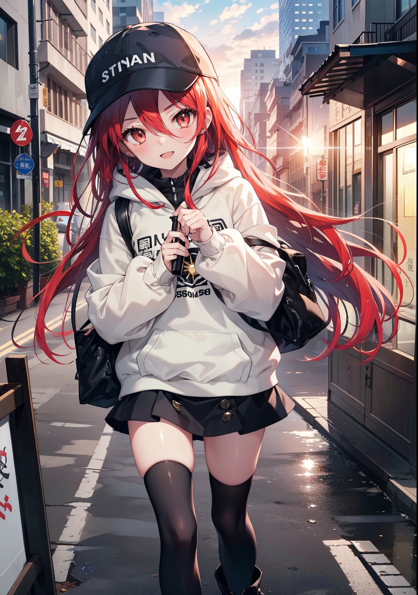 Shana,灼眼のShana,Long Hair, Redhead, Red eyes,happy smile, smile, Open your mouth,Oversized red hoodie,Baseball hats,mini skirt,black tights,short boots,Walking,morning陽,morning,The sun is rising,whole bodyがイラストに入るように, 　　　　　　　break outdoors, Building district, 　　　　　　　　　　　break looking at viewer, whole body, 　　　　　　　　break (masterpiece:1.2), Highest quality, High resolution, unity 8k wallpaper, (shape:0.8), (Beautiful attention to detail:1.6), Highly detailed face, Perfect lighting, Highly detailed CG, (Perfect hands, Perfect Anatomy),