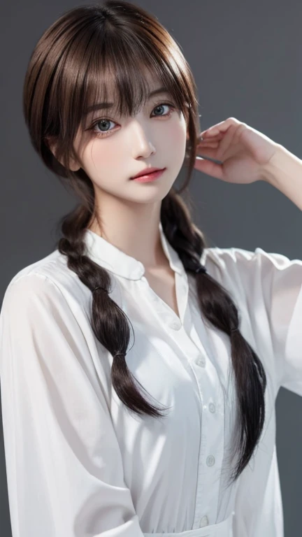 Portrait of a young East Asian girl in a navy blue and white sailor-style . She has long black hair styled in two braids, with straight bangs across her forehead. The girl has large, dark eyes and a small, delicate nose. Her expression is neutral, looking directly at the camera. The background shows a dark blue wooden wall with some green ivy or vine leaves visible to the side. The lighting is soft and natural, creating a slightly moody atmosphere. High-resolution image with sharp focus on the face