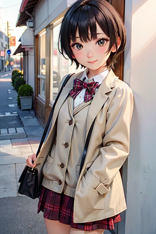 ((masterpiece, Highest quality, Very detailed)), girl, alone, ruri gokou,
Fashion Model, cute female model, Girlish style, Plaid one piece, Beige jacket, Street Corner, cafe at sunset, Soft Light