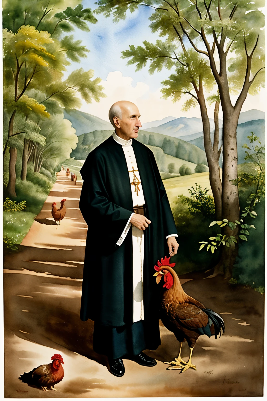 Watercolor of an elderly Jesuit priest without hair carrying a pinto-colored rooster in the middle of the virgin forest