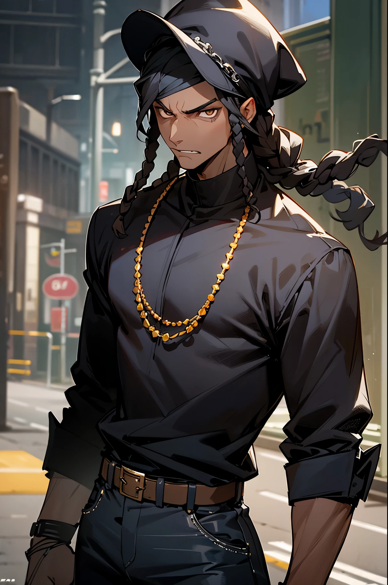 dark skin, dreads, reverse baseball hat, street level background, diamond chain, durag on head, upper body, cowboy shot, black jeans, black jacket, black shirt, grills in teeth, diamond teeth, mature, male, serious face, brown eyes, black hair
