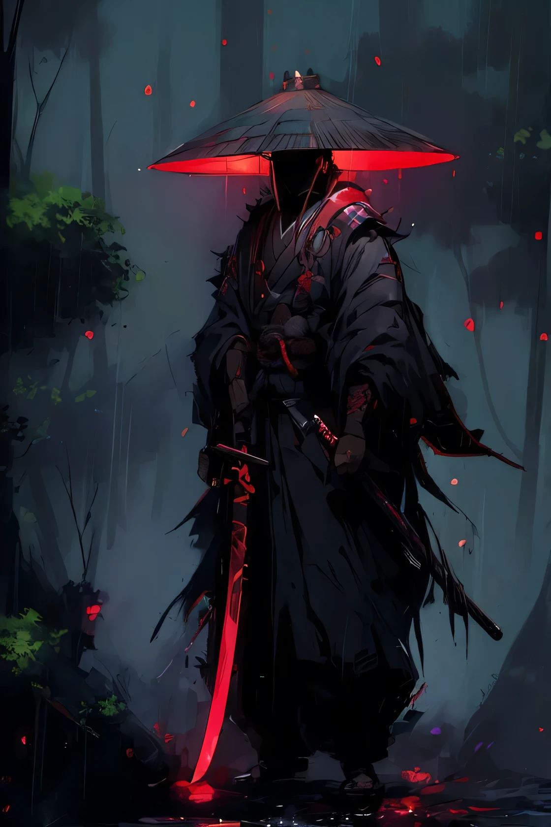 a close up of a person with a sword in a forest, cyberpunk samurai, neon samurai, very beautiful cyberpunk samurai, demon samurai, portrait of a cyberpunk samurai, benedick bana, inspired by Kanō Hōgai, inspired by Kanō Sanraku, demon samurai warrior, dark concept art, samurai jedi, badass anime 8 k, traditional japanese concept art