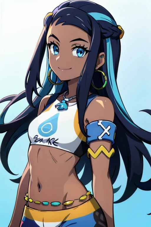 NESSA_POKEMON, 1GIRL, SOLO, DARK SKIN, BLUE EYES, BLACK HAIR, BLUE HAIR, TWO-TONE HAIR, SHORTS, CROP TOP, JEWELRY, NECKLACE, EARRINGS, BELLY CHAIN, ARMLET, MIDRIFF, facing viewer, looking at viewer, upper body, smile.