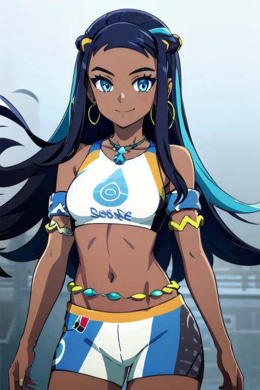 NESSA_POKEMON, 1GIRL, SOLO, DARK SKIN, BLUE EYES, BLACK HAIR, BLUE HAIR, TWO-TONE HAIR, SHORTS, CROP TOP, JEWELRY, NECKLACE, EARRINGS, BELLY CHAIN, ARMLET, MIDRIFF, facing viewer, looking at viewer, upper body, smile.