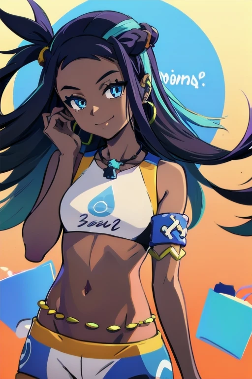 NESSA_POKEMON, 1GIRL, SOLO, DARK SKIN, BLUE EYES, BLACK HAIR, BLUE HAIR, TWO-TONE HAIR, SHORTS, CROP TOP, JEWELRY, NECKLACE, EARRINGS, BELLY CHAIN, ARMLET, MIDRIFF, facing viewer, looking at viewer, upper body, smile.