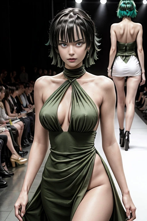 (Sexy),Fashion runway,fashion show,detailed, Tatsumaki, green hair, wearing sexy fashion dresses,