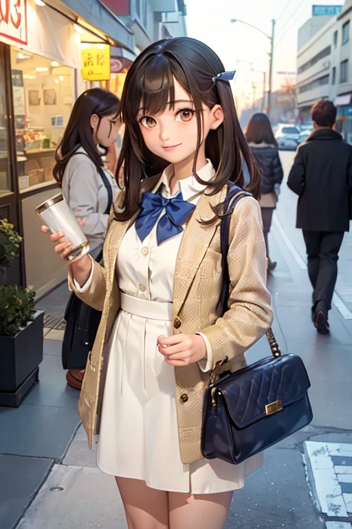 ((masterpiece, Highest quality, Very detailed)), girl, alone, ruri gokou,
Fashion Model, cute female model, Girlish style, Plaid one piece, Beige jacket, Street Corner, cafe at sunset, Soft Light