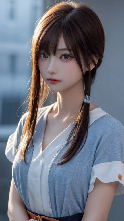 masterpiece, 1 beautiful girl, detailed, Swollen eyes, Highest quality, 超High resolution, (reality: 1.4), Original photo, 1 girl, Cinema Lighting, (Laughter:0.6), Japanese, Asian Beauty, Korean, Proper, really beautiful, A little young face, Beautiful Skin,Orange Hair、 Thin and large, Summer OL style clothes、Cyberpunk Background, (超reality的な), (Awareness-raising), (High resolution), (8k), (非常にdetailedな), (The best Awareness-raisingns), (美しくdetailedな目), (超detailedな), (wallpaper), (detailedな顔), Looking at the audience, detailed, detailed face、Deep Shadow、Inconspicuous、Pure erotic face ace_v1、46 point diagonal bangs、Look straight ahead、Dress neatly、Iris、